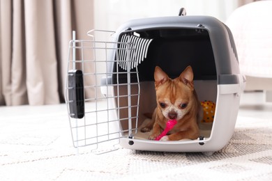 Photo of Adorable dog in pet carrier on floor indoors