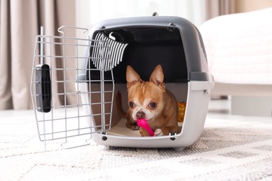 Photo of Adorable dog in pet carrier on floor indoors