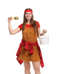 Photo of Woman with brush and bucket of paint on white background