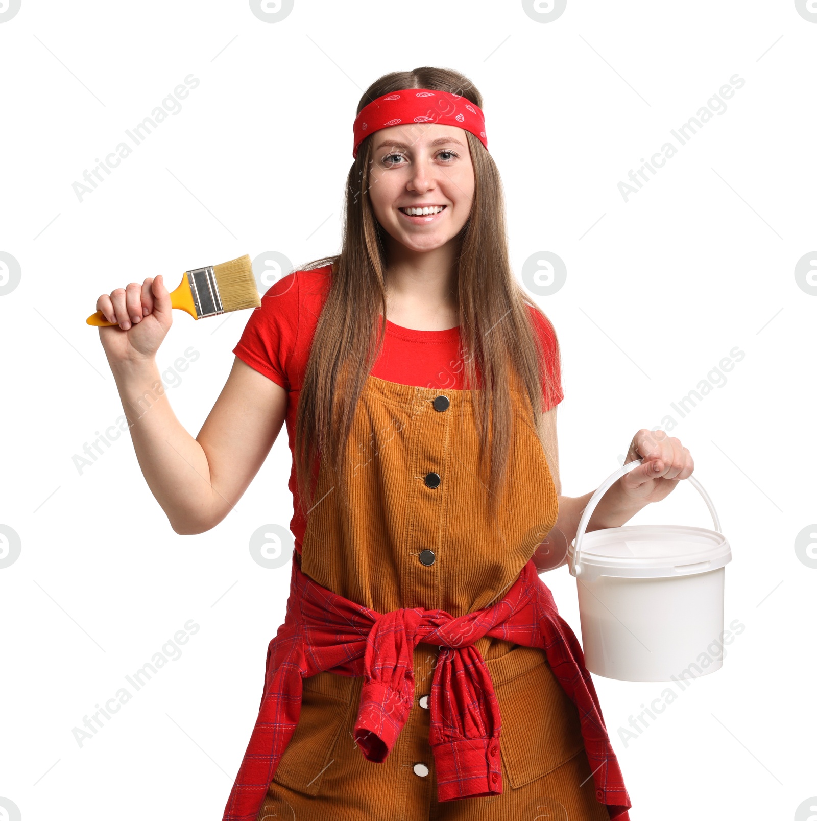 Photo of Woman with brush and bucket of paint on white background