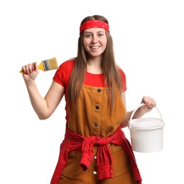 Photo of Woman with brush and bucket of paint on white background