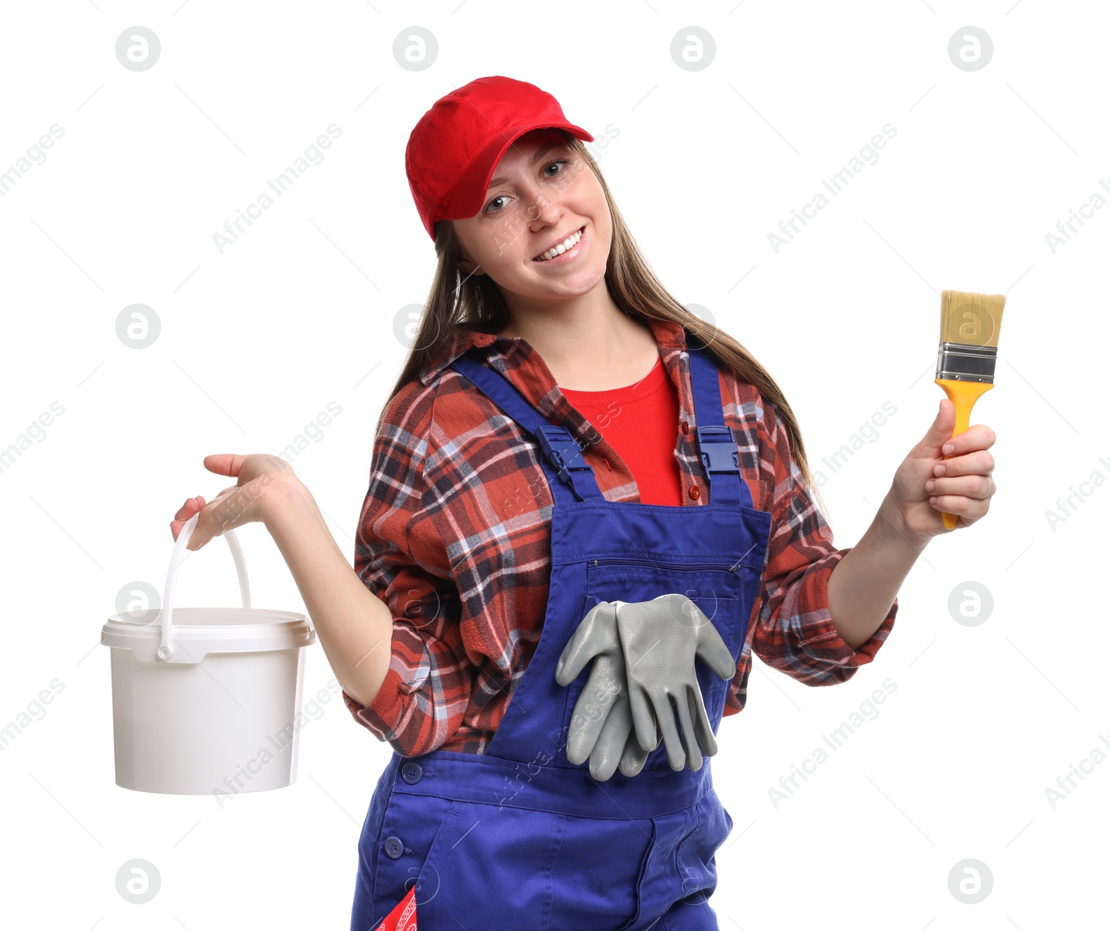 Photo of Professional painter with brush and bucket of paint on white background