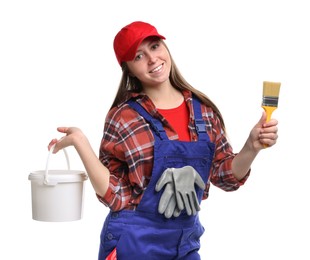 Photo of Professional painter with brush and bucket of paint on white background