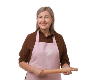 Photo of Happy woman with rolling pin on white background