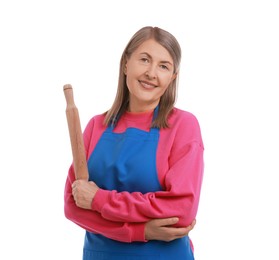 Happy woman with rolling pin on white background