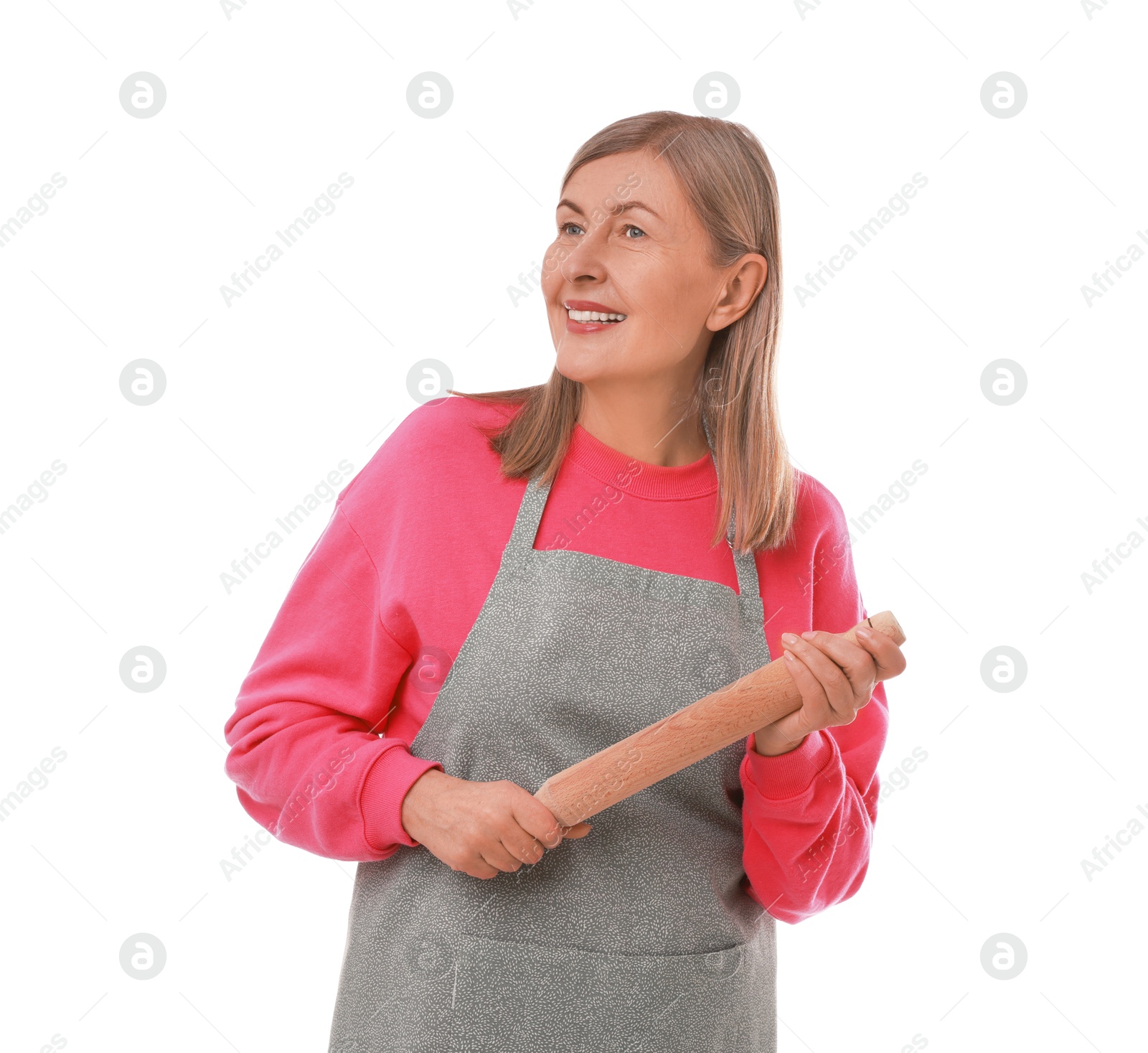 Photo of Happy woman with rolling pin on white background