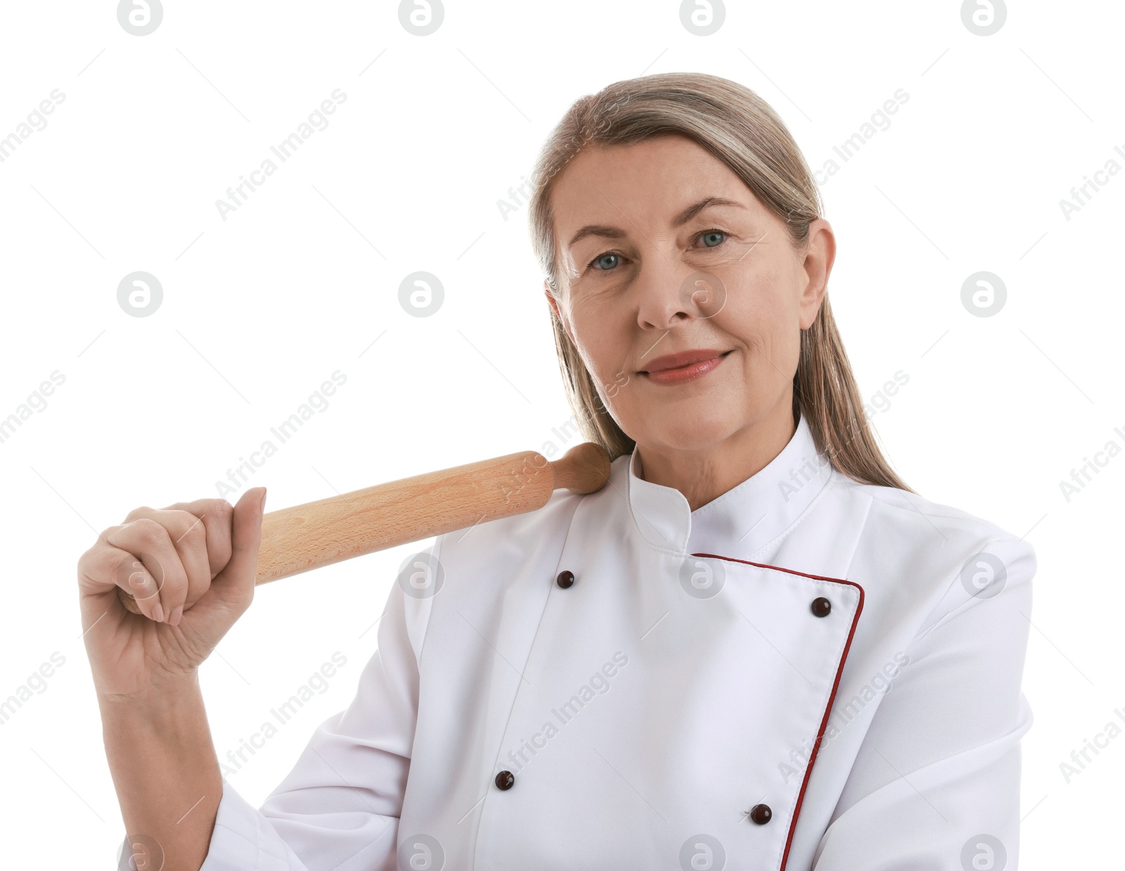 Photo of Chef with rolling pin on white background