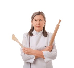 Photo of Angry chef with rolling pin and spatula on white background