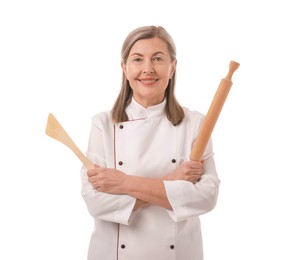 Photo of Happy chef with rolling pin and spatula on white background