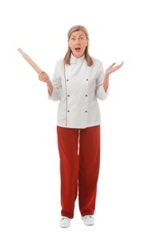 Photo of Surprised chef with rolling pin on white background