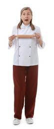 Photo of Surprised chef with rolling pin on white background