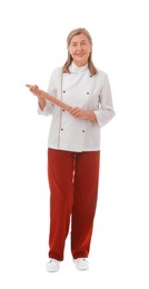 Photo of Happy chef with rolling pin on white background