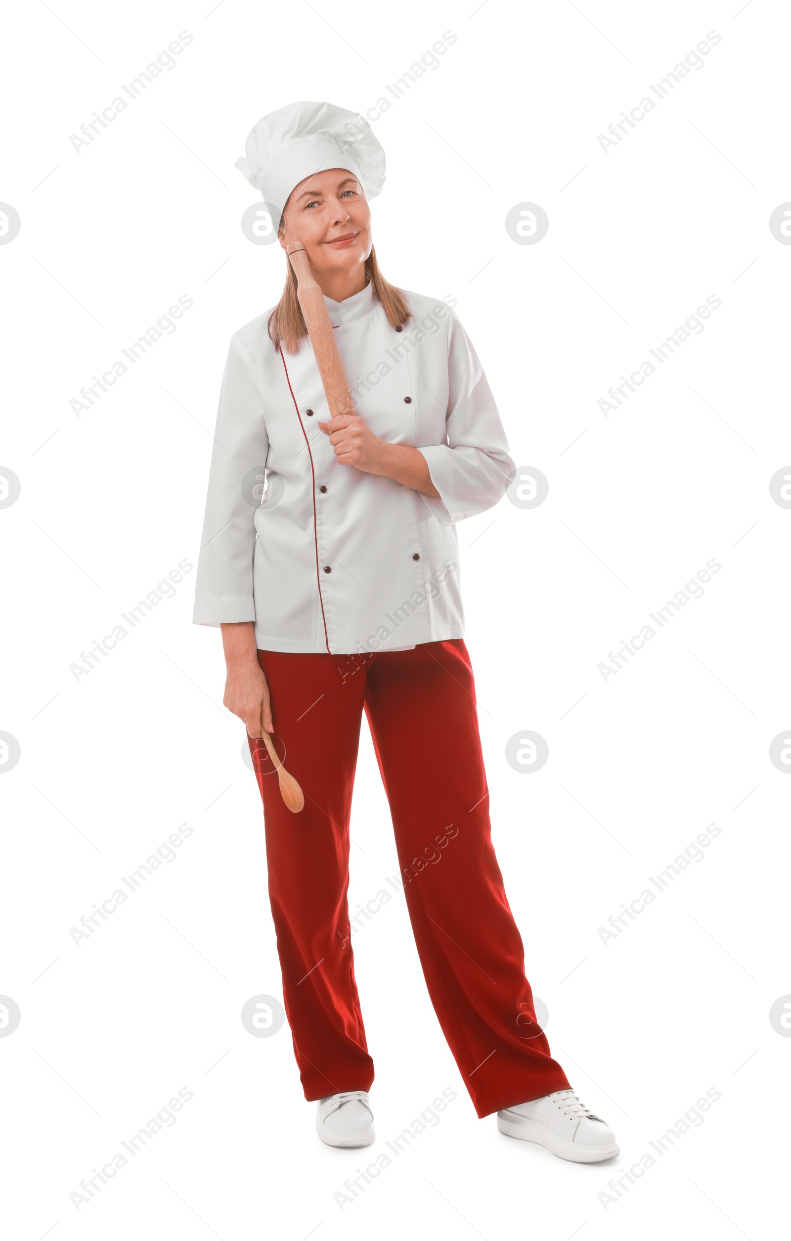 Photo of Chef with rolling pin and spoon on white background