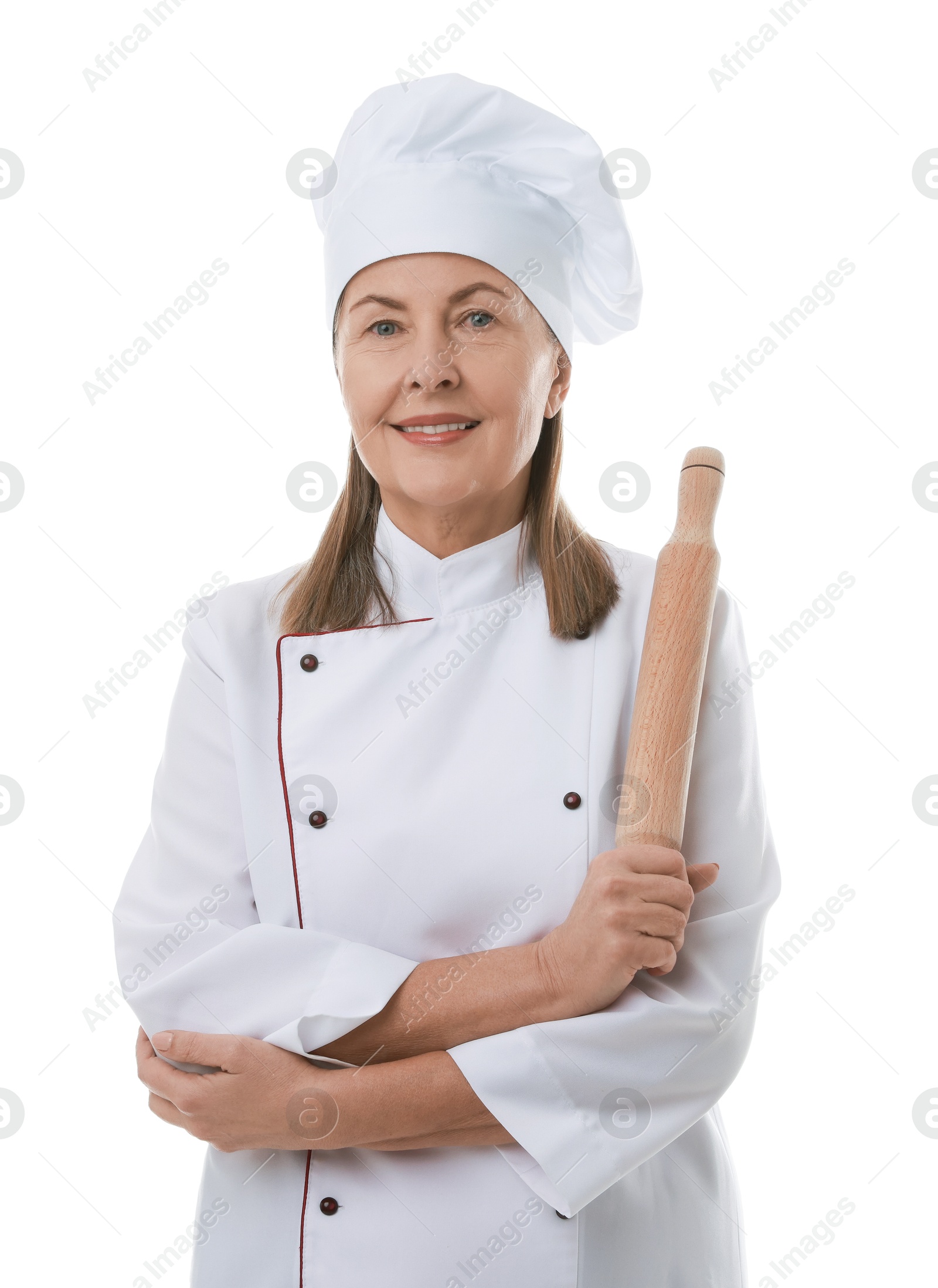 Photo of Happy chef with rolling pin on white background