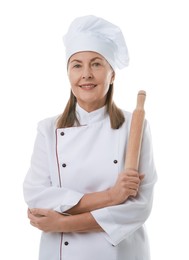 Photo of Happy chef with rolling pin on white background