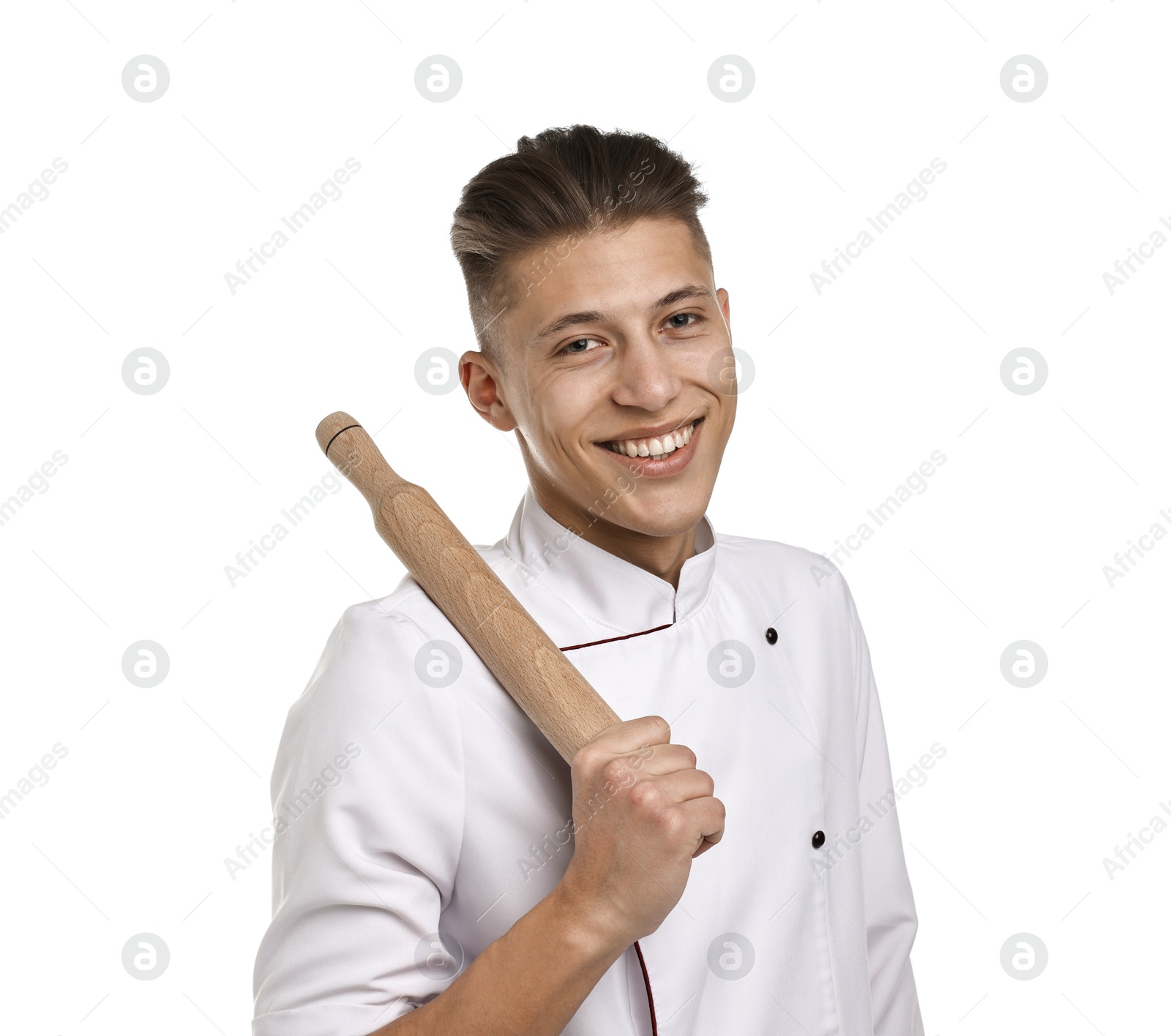 Photo of Professional chef with rolling pin on white background