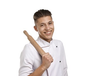 Photo of Professional chef with rolling pin on white background