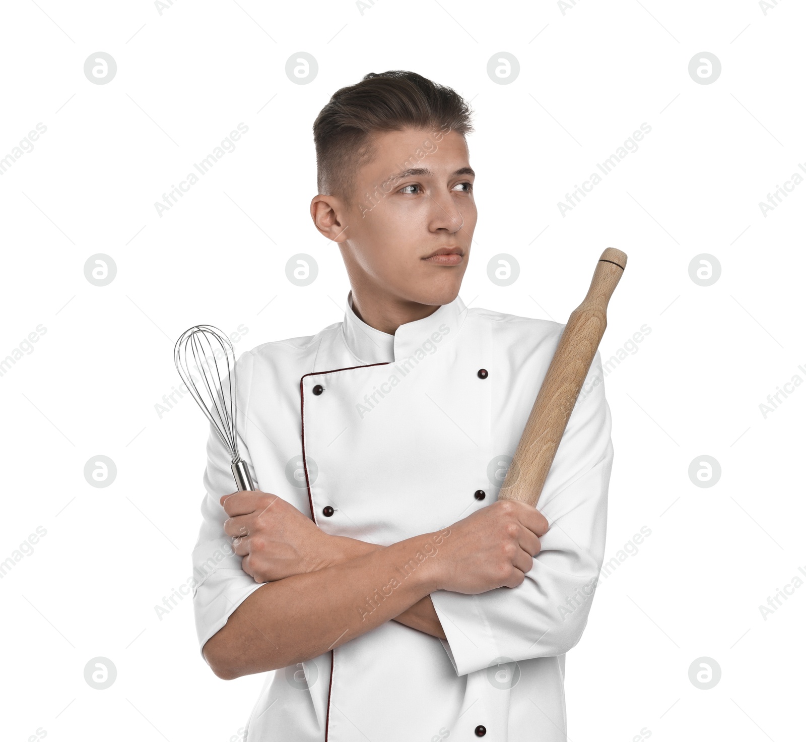 Photo of Professional chef with rolling pin and whisk on white background