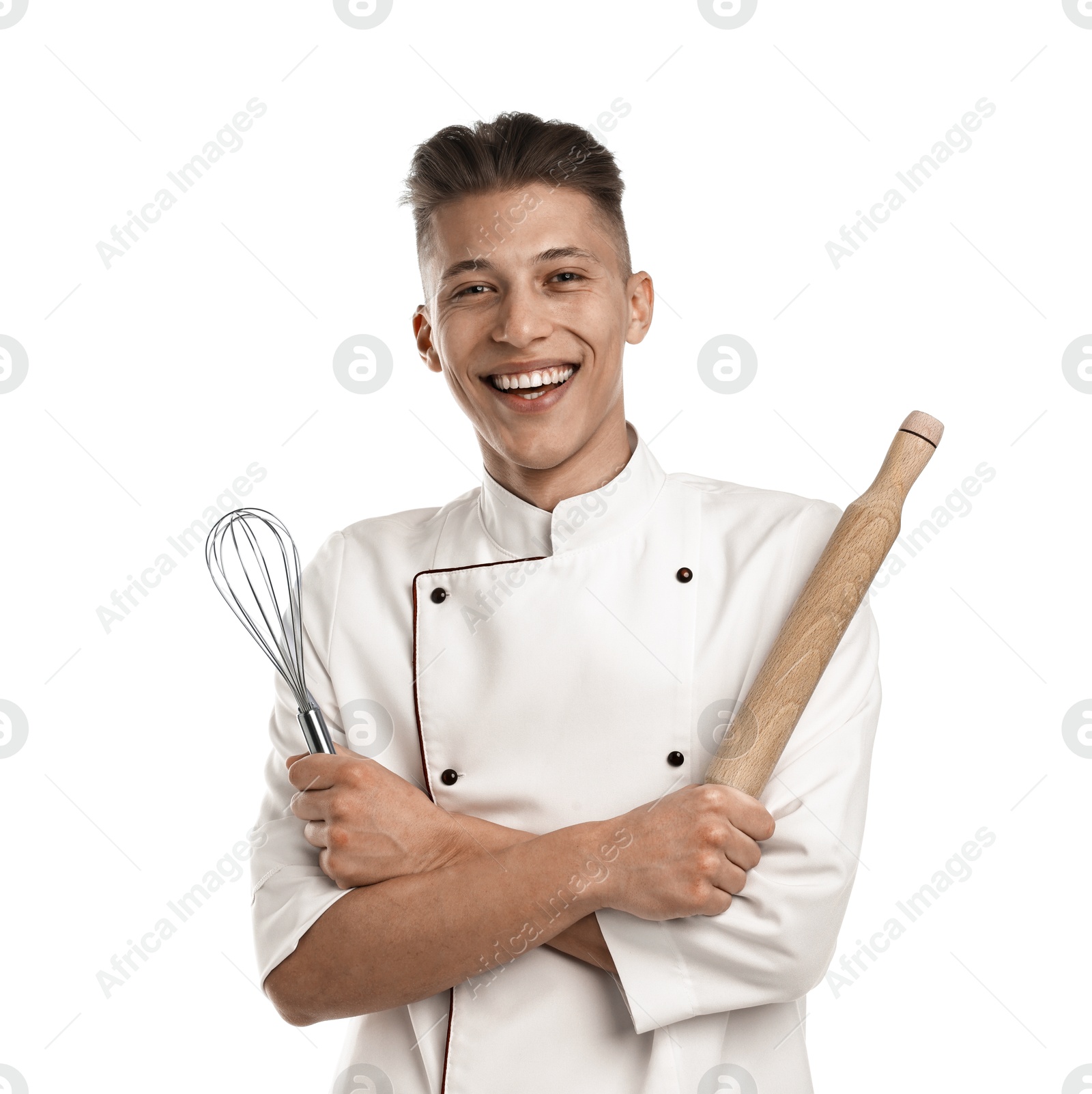 Photo of Professional chef with rolling pin and whisk on white background