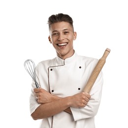 Photo of Professional chef with rolling pin and whisk on white background