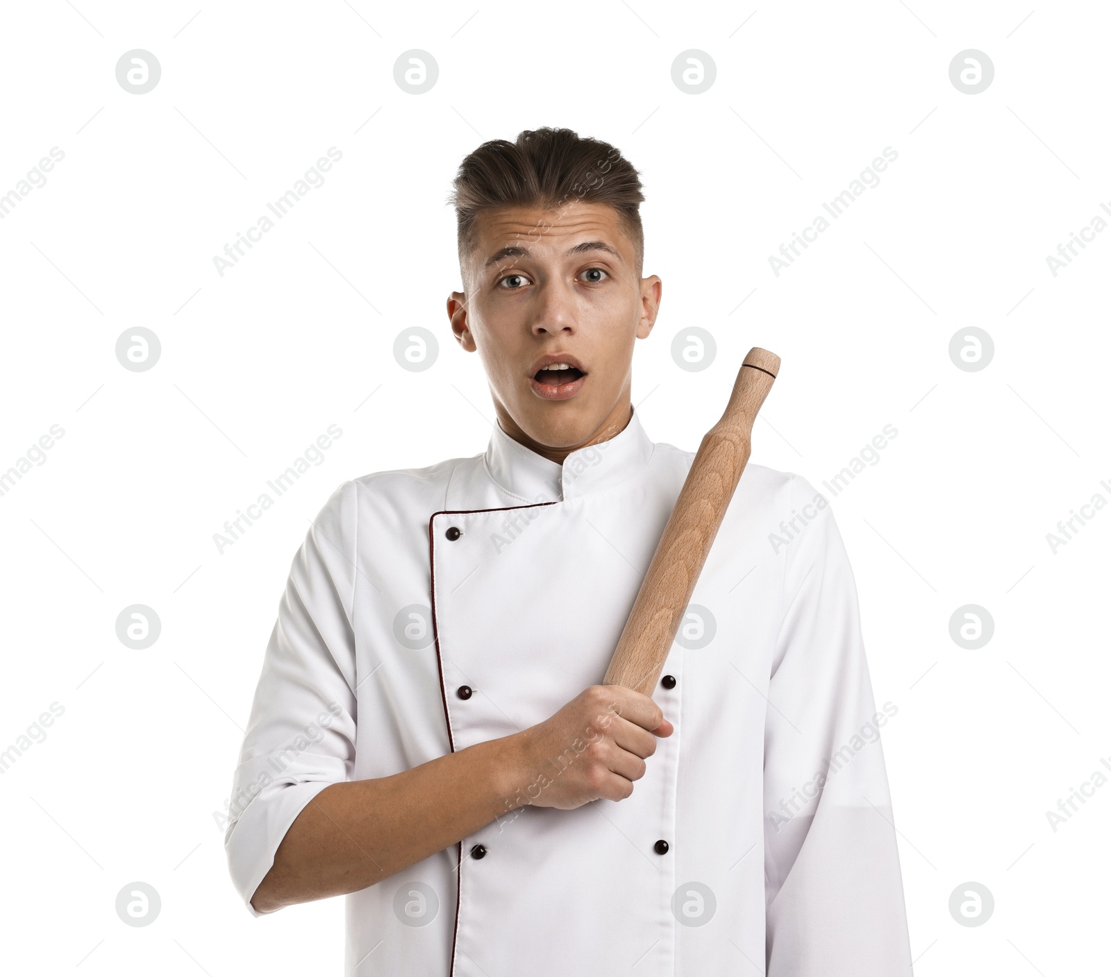 Photo of Surprised chef with rolling pin on white background