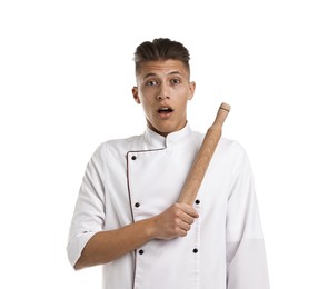 Photo of Surprised chef with rolling pin on white background