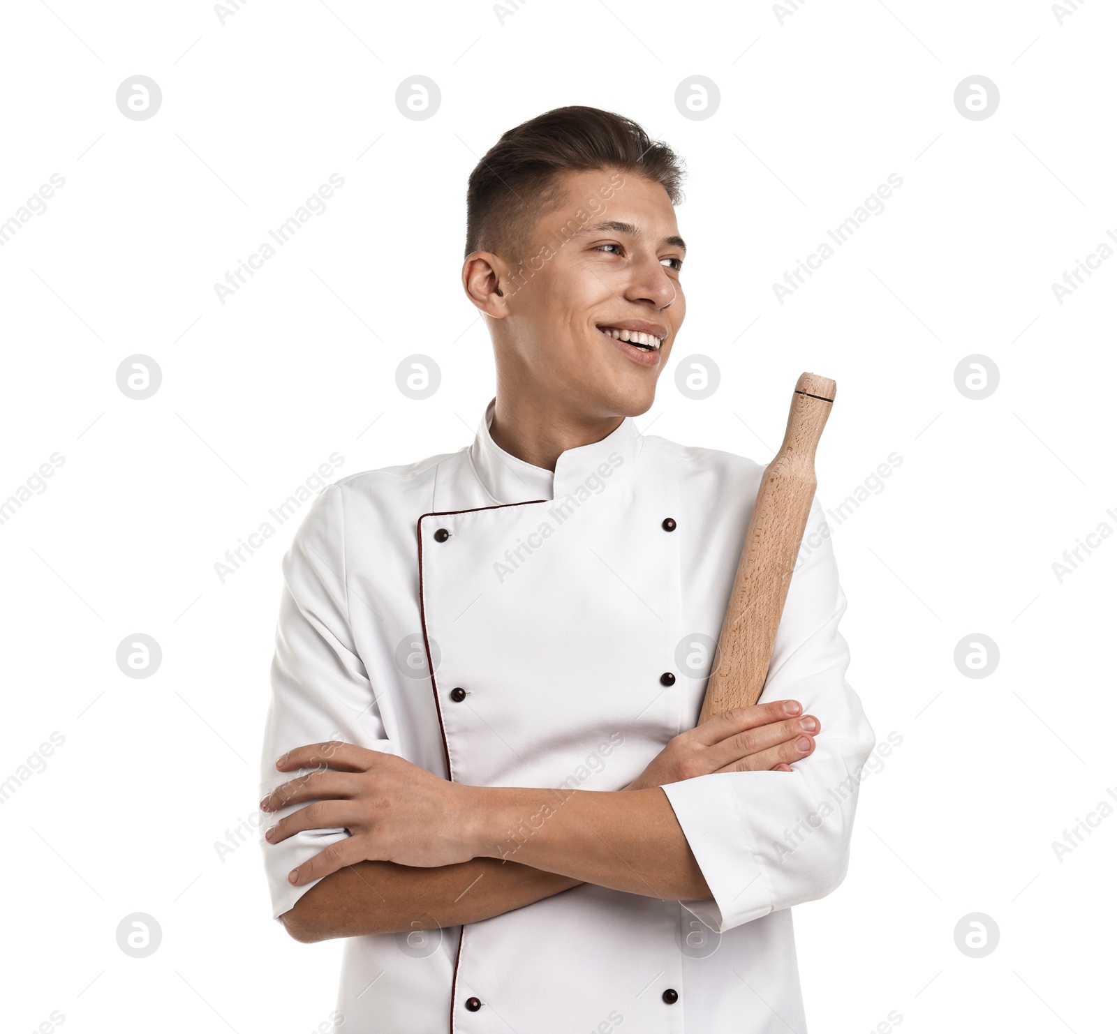 Photo of Professional chef with rolling pin on white background