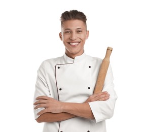 Photo of Professional chef with rolling pin on white background