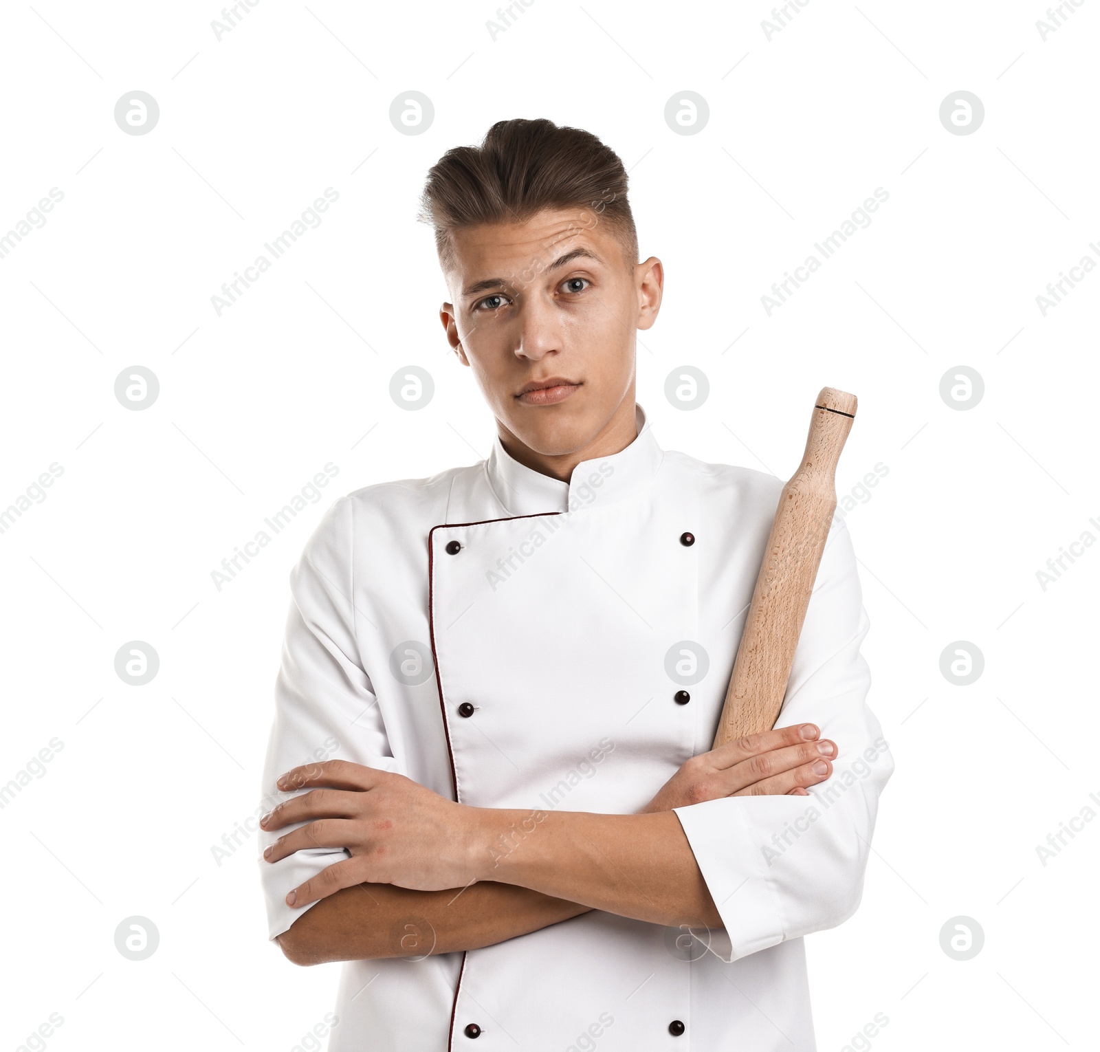 Photo of Professional chef with rolling pin on white background