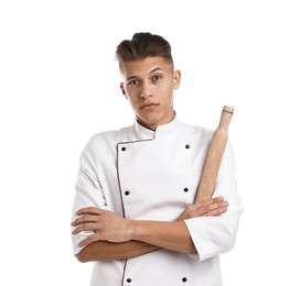 Photo of Professional chef with rolling pin on white background