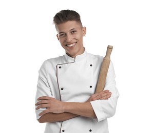 Photo of Professional chef with rolling pin on white background