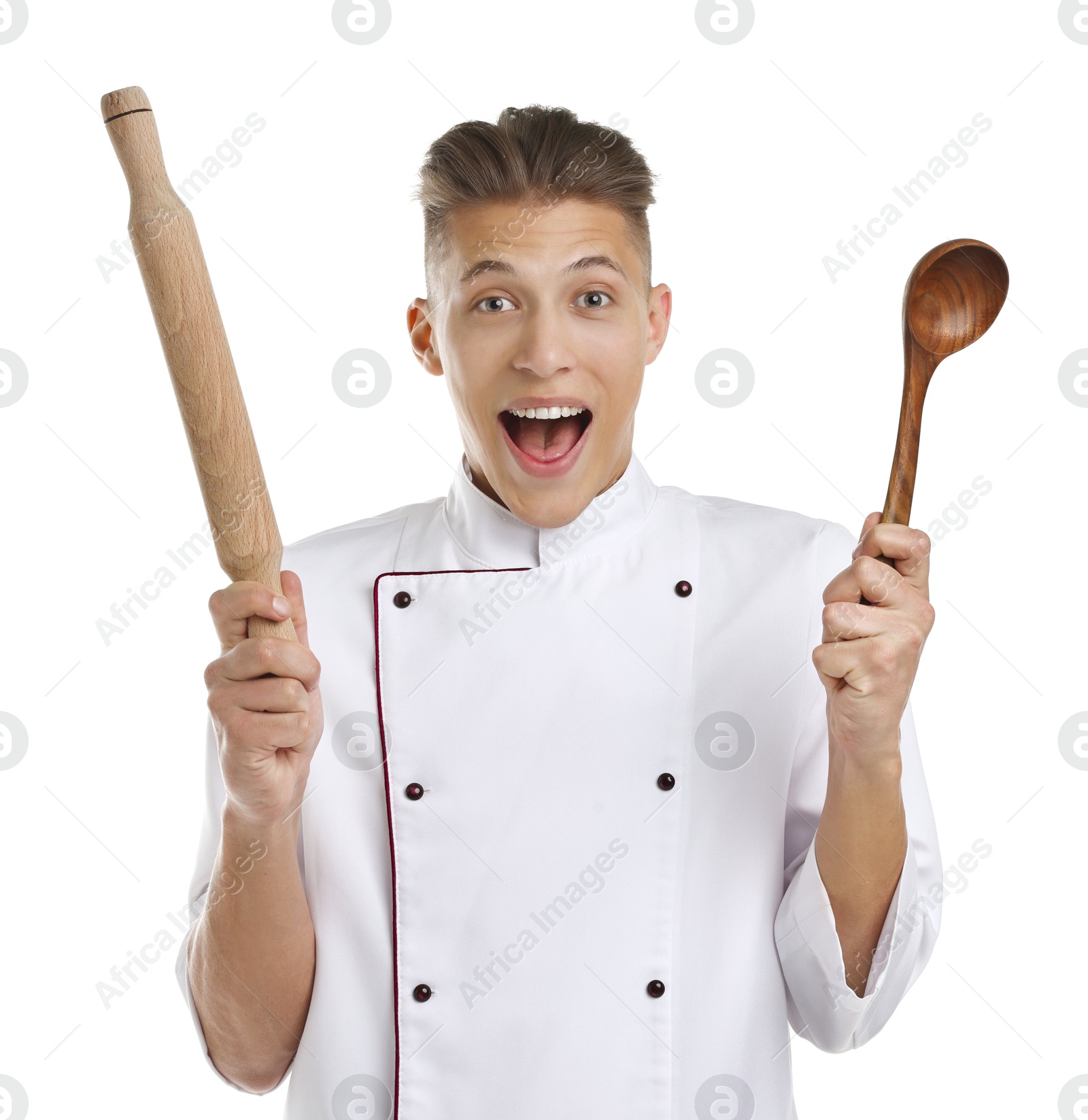 Photo of Excited chef with rolling pin and ladle on white background