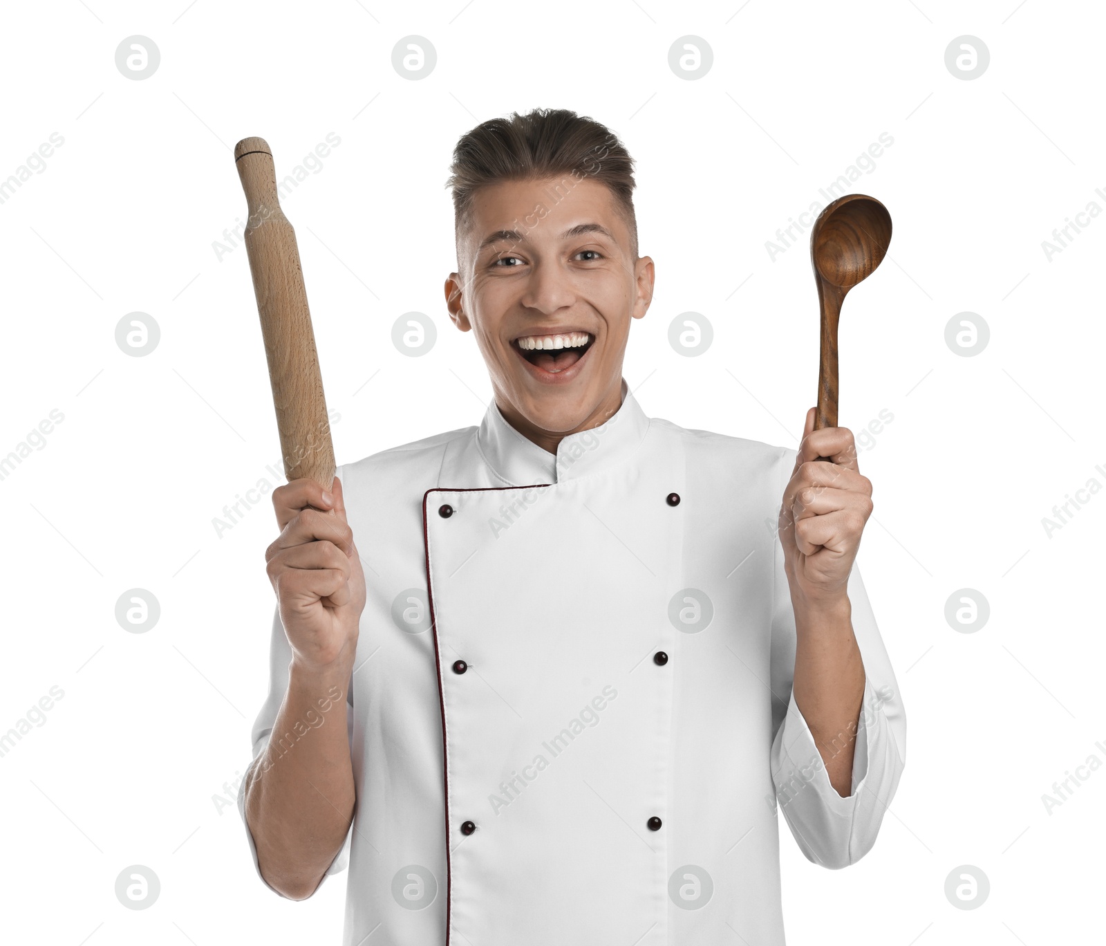 Photo of Excited chef with rolling pin and ladle on white background