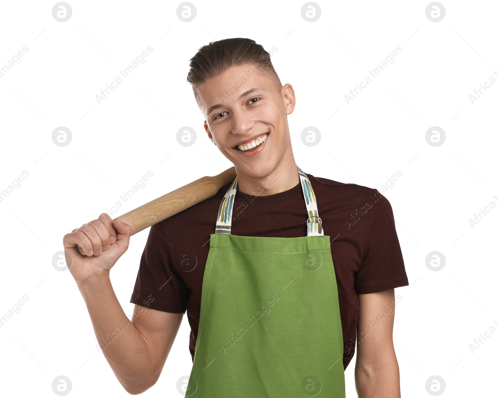 Photo of Happy man with rolling pin on white background