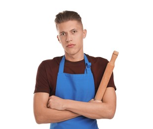 Photo of Man with rolling pin on white background