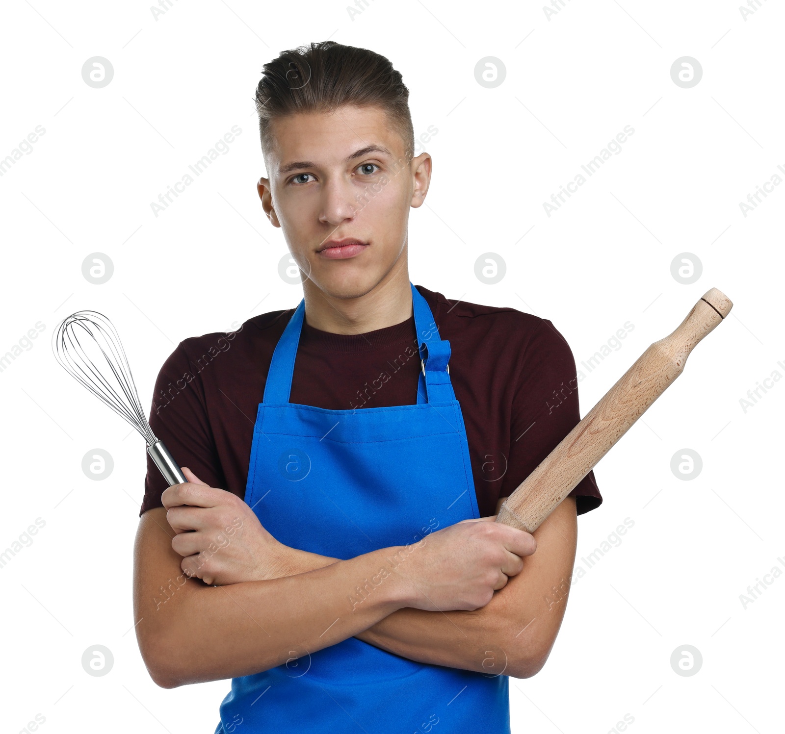 Photo of Man with rolling pin and whisk on white background