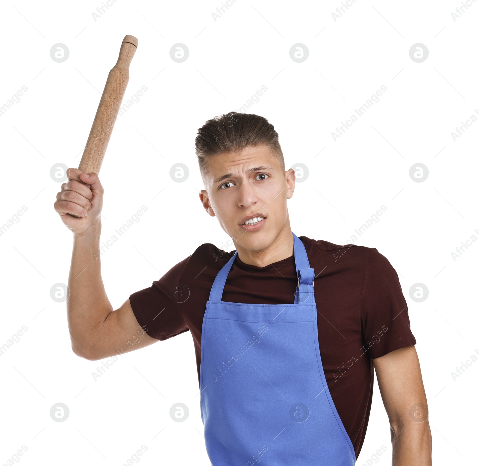 Photo of Angry man with rolling pin on white background