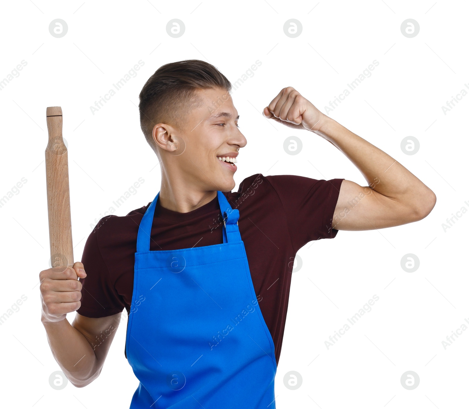 Photo of Happy man with rolling pin showing strength on white background