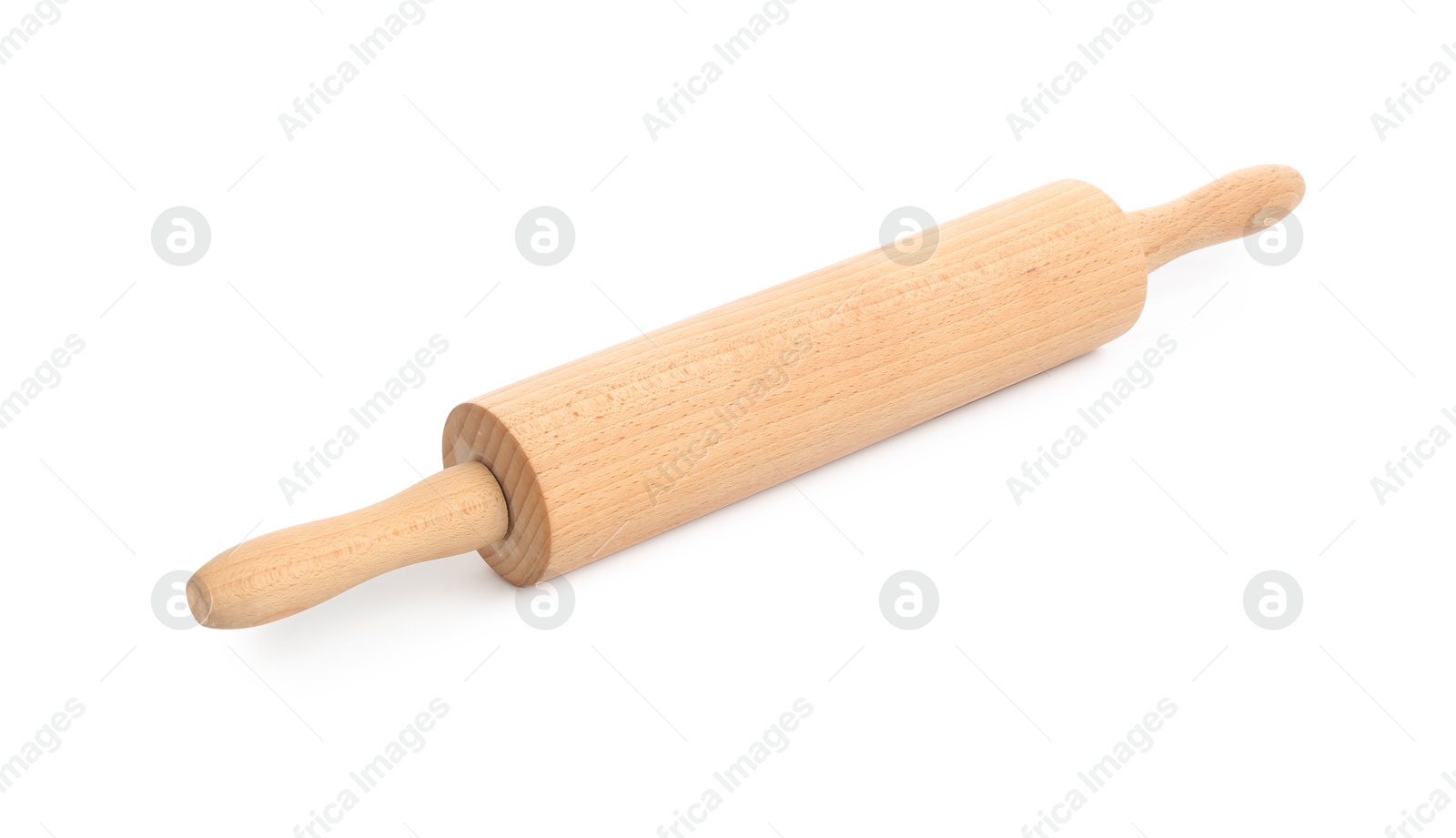 Photo of One wooden rolling pin isolated on white