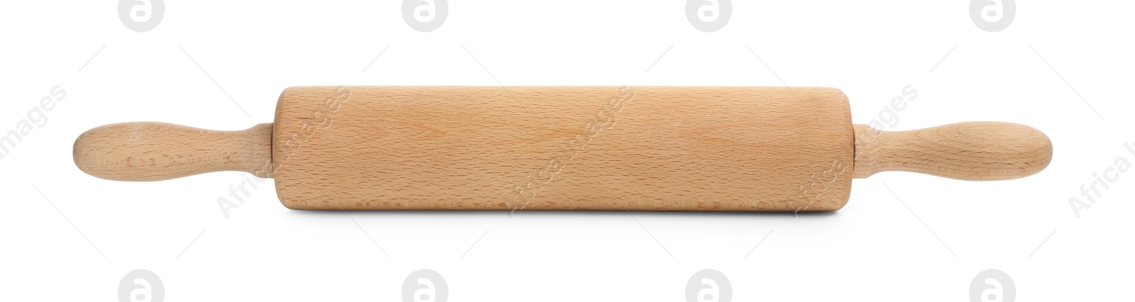 Photo of One wooden rolling pin isolated on white