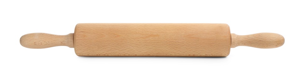 Photo of One wooden rolling pin isolated on white