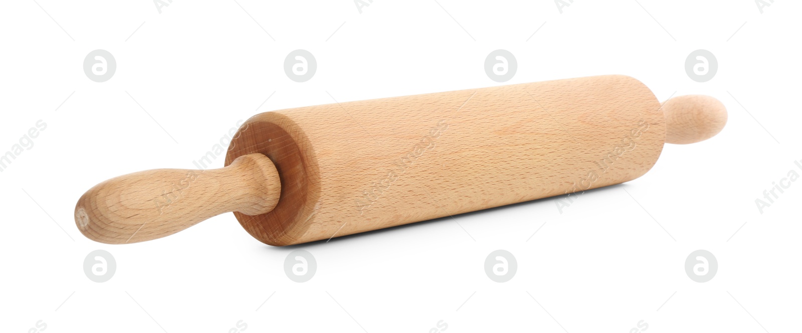 Photo of One wooden rolling pin isolated on white