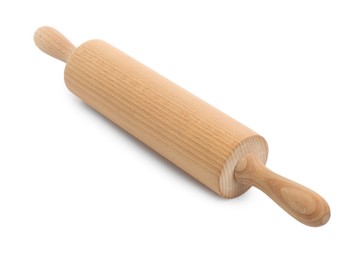 Photo of One wooden rolling pin isolated on white