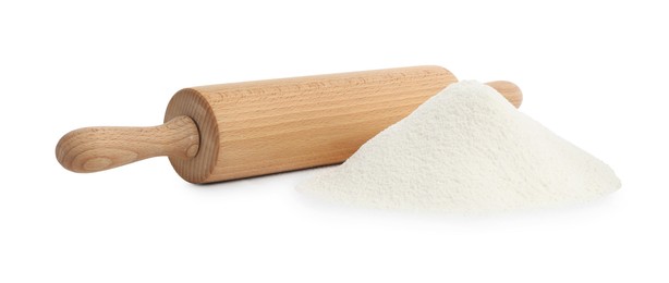 Photo of Wooden rolling pin and pile of flour isolated on white