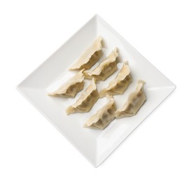 Photo of Fresh gyoza dumplings isolated on white, top view