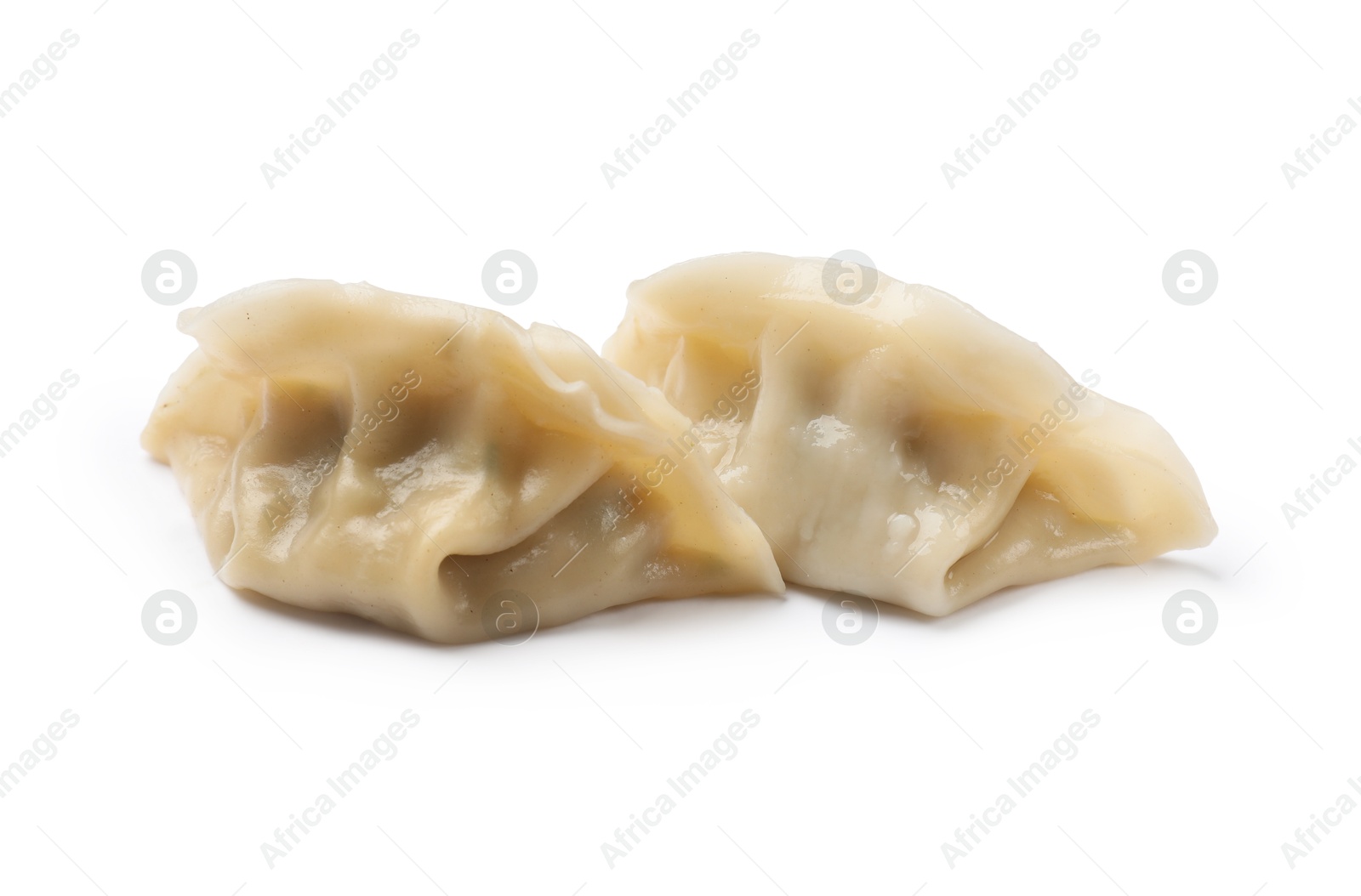 Photo of Fresh gyoza dumplings isolated on white. Chinese cuisine