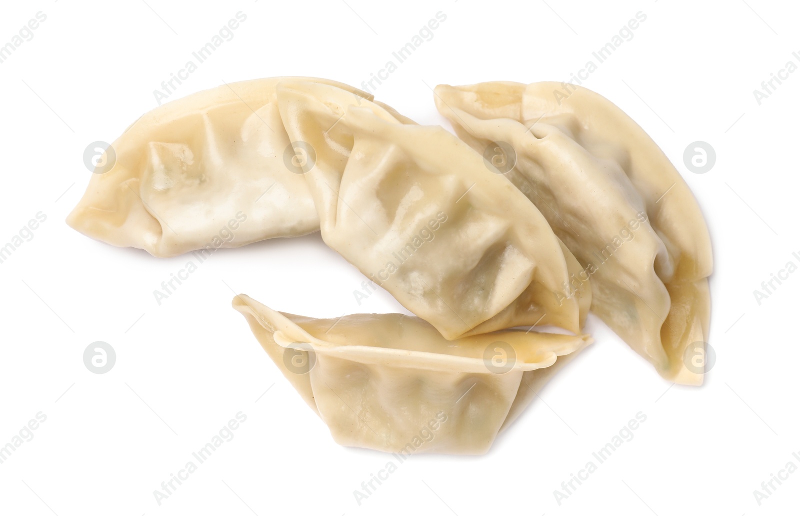 Photo of Fresh gyoza dumplings isolated on white, top view