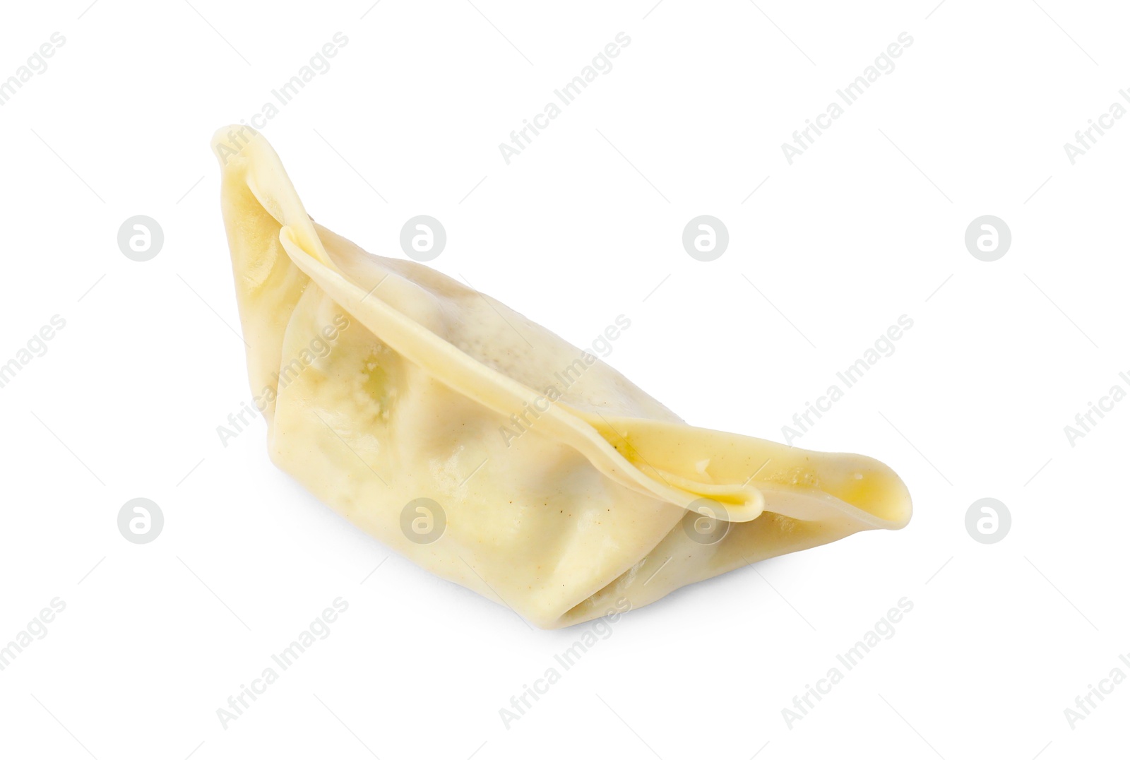 Photo of One fresh gyoza dumpling isolated on white, top view