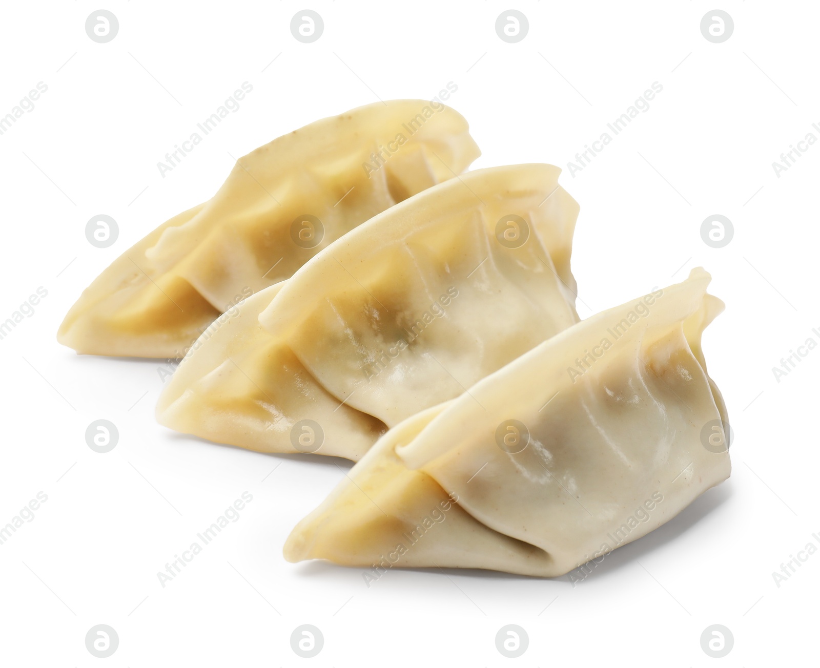 Photo of Fresh gyoza dumplings isolated on white. Chinese cuisine