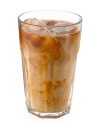 Photo of Refreshing iced coffee with milk in glass isolated on white